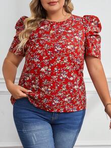 SHEIN Clasi 大尺碼女性花卉印花短式泡泡袖圓領襯衫 - 酒紅色 - 查看 4