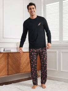 男士虎紋圓領長袖加長褲家居套裝 - 彩色 - 查看 3