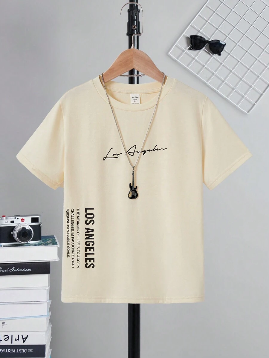 SHEIN Áo thun ngắn tay in hình họa tiết dành cho bé trai tuổi teen, kiểu dáng thường ngày, đa năng, thích hợp cho mùa hè. - Màu be - Xem 1