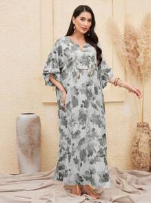 Al Najma Deep V-Neck Fringe Hem Allover Printed Dress