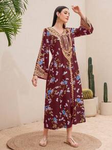 Al Najma 女士優雅花卉印花刺繡設計連衣裙 - 彩色 - 查看 4