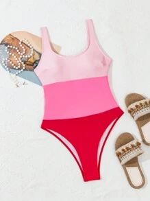 SHEIN Swim 女性色塊一件式游泳衣,配有背心式上衣,適用於夏季、海灘、假期、旅遊、節日、游泳池、衝浪 - 彩色 - 查看 8