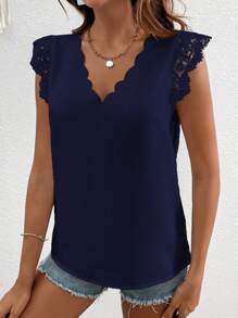 SHEIN VCAY Giải trí Áo sơ mi Với Ren Vá lại Và Hình quạt - Màu xanh hải quân - Xem 1