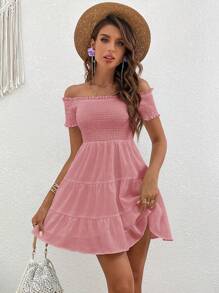SHEIN VCAY Off Shoulder Ruffle Hem Solid Summer Dress - Pink - View 6