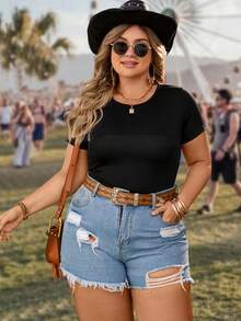 SHEIN LUNE 加大碼蕾絲接縫空心短袖t恤 - 黑色 - 查看 4