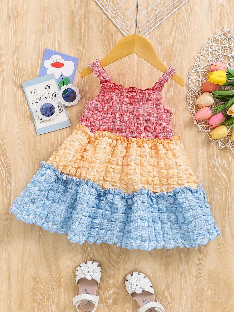 Baby Girl Summer Color Contrast Textured Ruffle Trim Decor Sleeveless Dress
