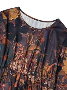 Plus Size Fashionable Casual Floral Print Round Neck Loose Modest Long Sleeve Dress