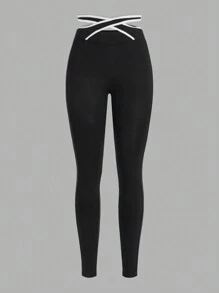 SHEIN ICON Quần tập yoga bó sát cạp chéo thiết kế bó sát dành cho nữ Y2k có viền tương phản Quần chạy bộ - màu đen - Xem 1