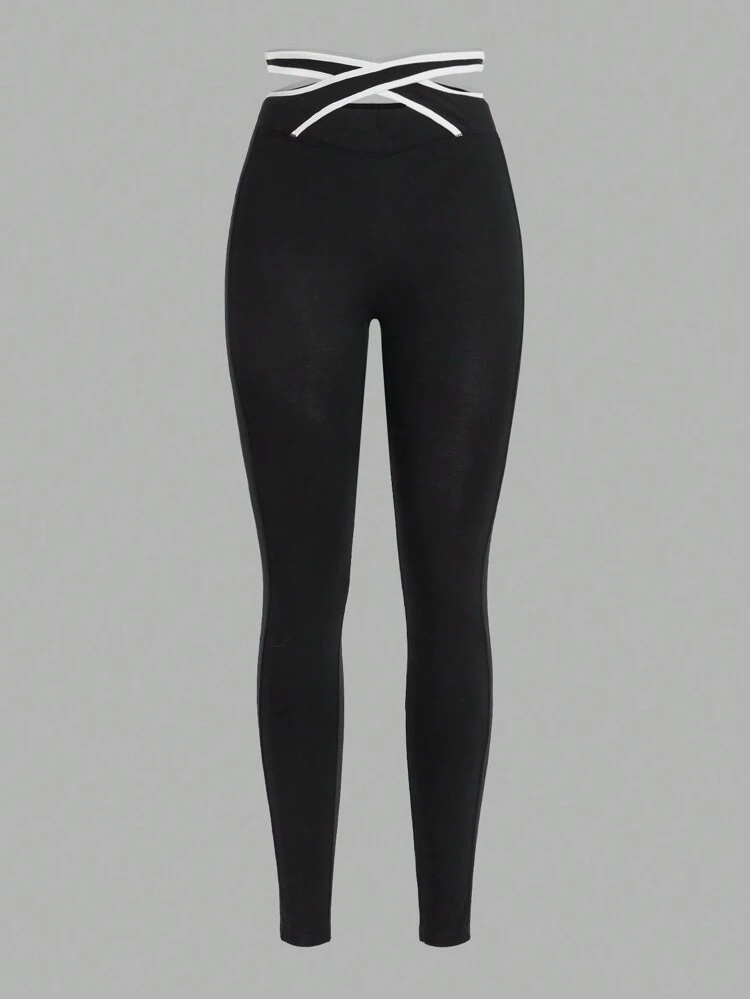 Y2k Women's Skinny Cross-Waist Design Tight Bottom Yoga Pants With Contrast Trim Leggings Joggers