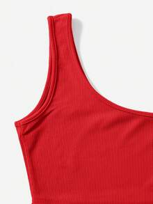 SHEIN EZwear 针织纯色单肩上衣和抽绳腰短裤套装 - 紅色 - 查看 5