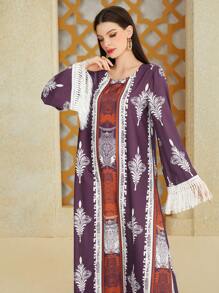 Al Najma Bohemian Print V-Neck Tassel-Trimmed Loose Dress