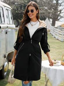 GASMAN Spring And Autumn Casual Letter Print Hooded Tie Pocket Jacket With Rolled-Up Sleeves