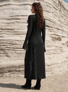 Bohemela 女款拼接荷葉邊＆泡泡袖洋裝 - 黑色 - 查看 3