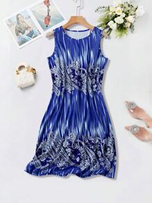 SHEIN LUNE 印花派頌圖案鬆身無袖連衣裙,圓領簡約休閒風格 - 彩色 - 查看 6