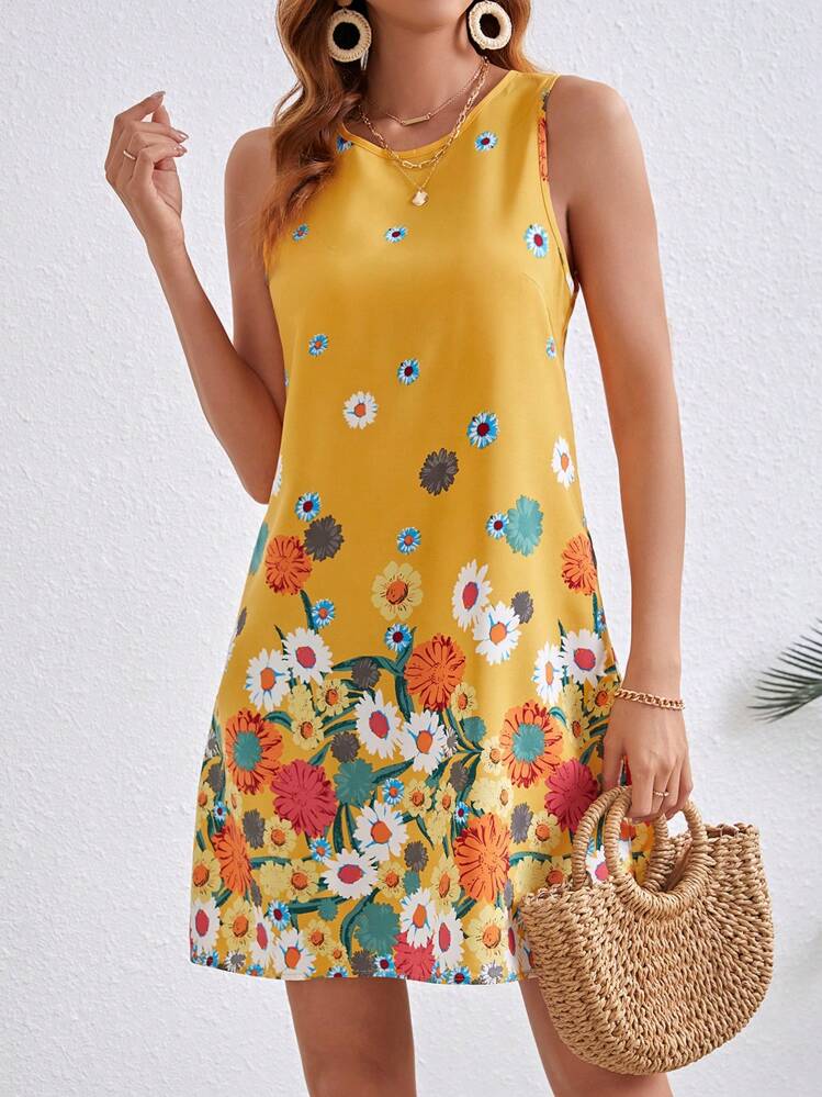 SHEIN VCAY Vestido Sem Mangas Estampado Com Flores Para Mulheres - Amarelo - Visão 1