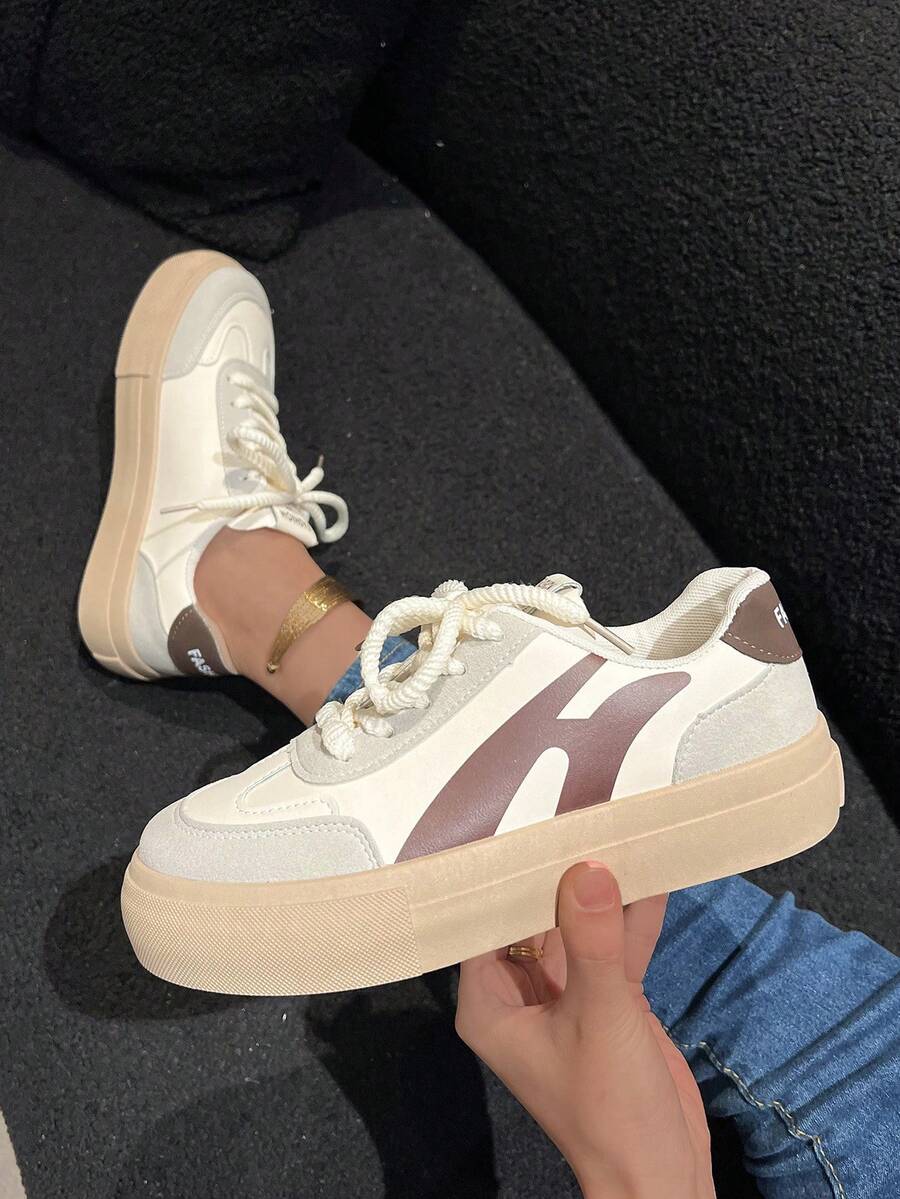 女式簡約平底綁帶運動鞋,春/秋新時尚透氣輕便休閒運動鞋 - 卡其色 - 查看 1