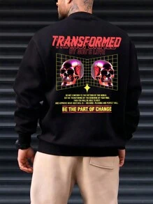 Men's Skull Pattern And Slogan Print Sweatshirt - Black - View 1