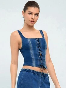 Forever 21 性感十字綁帶牛仔背心 - 藍色 - 查看 1