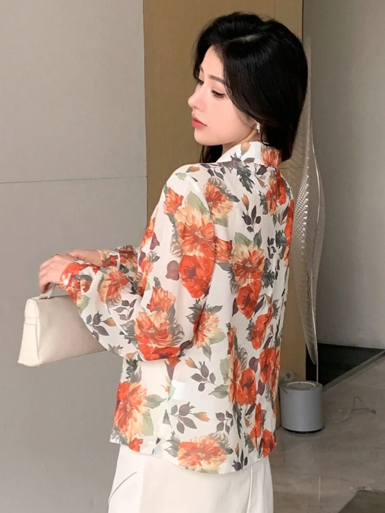 Floral Printed Lapel Double Breasted Jacket With Color Block Collar,Fall Clothes Women Coats