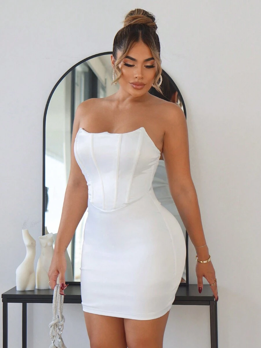 SHEIN SXY Elegant White Satin Prom Dress With Strapless Bodice, Fishbone And Above Knee Length - White - View 1