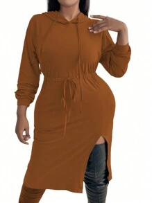 Calvaya 加大碼女士固色連帽連衣裙,腰帶綁帶及分割式下擺設計