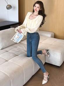 DAZY Solid Ruffle Trim Tie Front Flare Sleeve Jacket - White - View 2