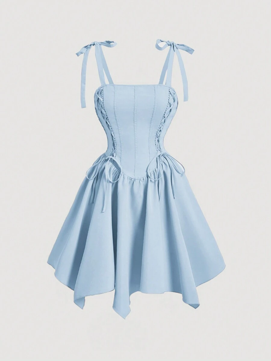 SHEIN MOD Quý cô Màu thuần Ruy băng Dây đeo Vai Knotted Váy Dây - Màu xanh lam - Xem 1