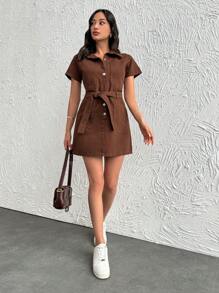 EURMUSE Solid Color Front Button Denim Dress - Brown - View 4