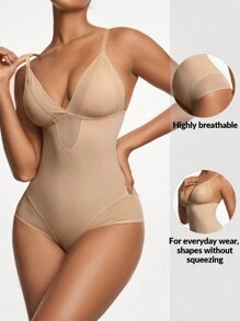 SHAPORA 女士網眼插片實色身形塑身衣 - 杏色 - 查看 1