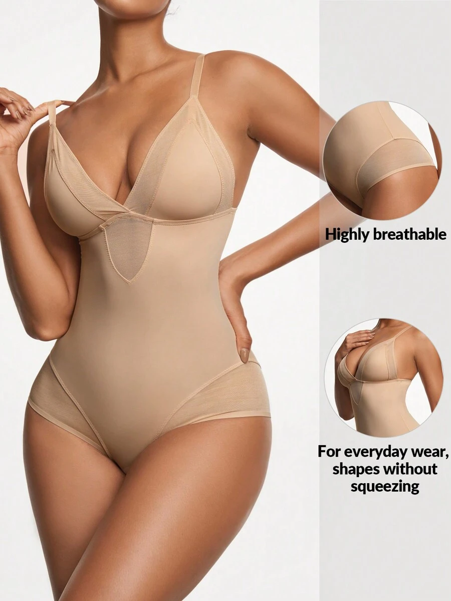 SHAPORA 女士網眼插片實色身形塑身衣 - 杏色 - 查看 1