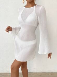 SHEIN Swim 夏季沙灘純色擴口袖綁帶透視泳裝遮罩衣 - 白色 - 查看 1