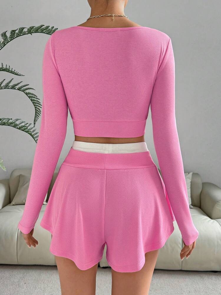 Women's Summer Pink High-End Solid Color Splice Square Collar Long Sleeve Top And Shorts Two-Piece Casual Set