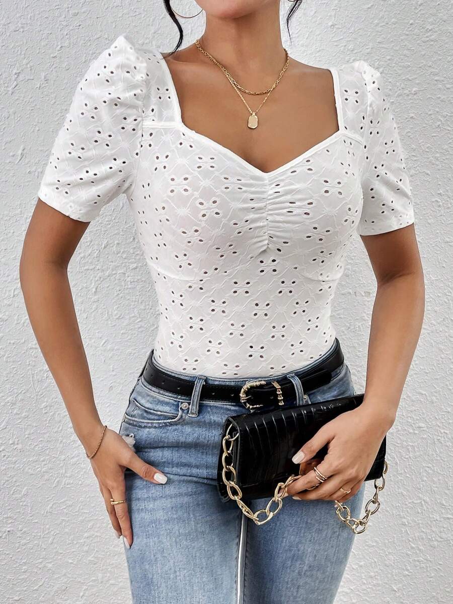 Chiquease Hollow Out Embroidery Decor Scrunch Neck T-Shirt - White - View 1