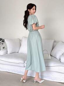 DAZY 女士短款泡泡袖圆领衬衫和裙子套装，女士两件套 - 藍色 - 查看 5