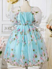 Teen Girl Floral Embroidery Pleated Dress For Summer - Baby Blue - View 2