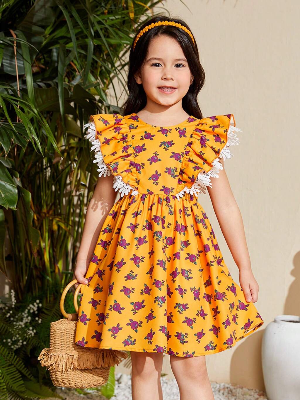 Young Girl's Woven Floral Print Ruffle Hem All-In-One Casual Vacation Dress