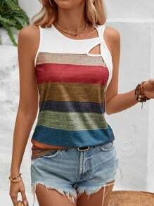 SHEIN LUNE Women's Colorblock Hollow Out Tank Top For Summer