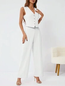 SHEIN Privé Conjunto De Dos Piezas Para Mujer: Chaleco De Botones Y Pantalones