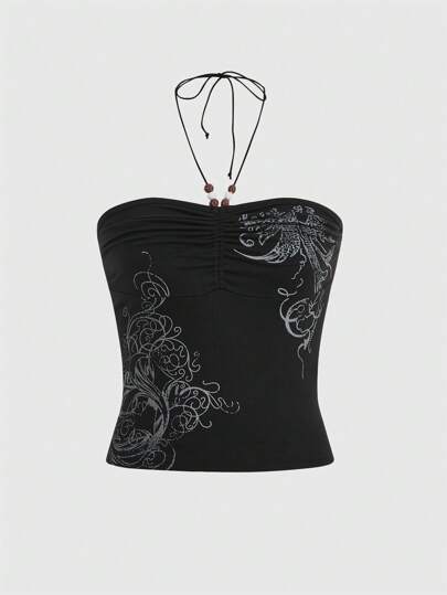 Goth Top halter con stampa grafica plissettato