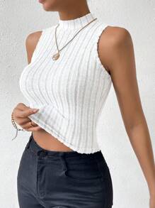 Calvaya Top De tank unicolor Acanalado De Cuello Alto Para Mujer - Blanco y Negro - Ver 4