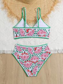 Tween Girl Contrast Color Paisley Print Beachwear Bikini Set, With 3 Sets Available For Mom And Daughter Matching Outfits (Sold Separately) Summer Beach - Multicolor - View 2
