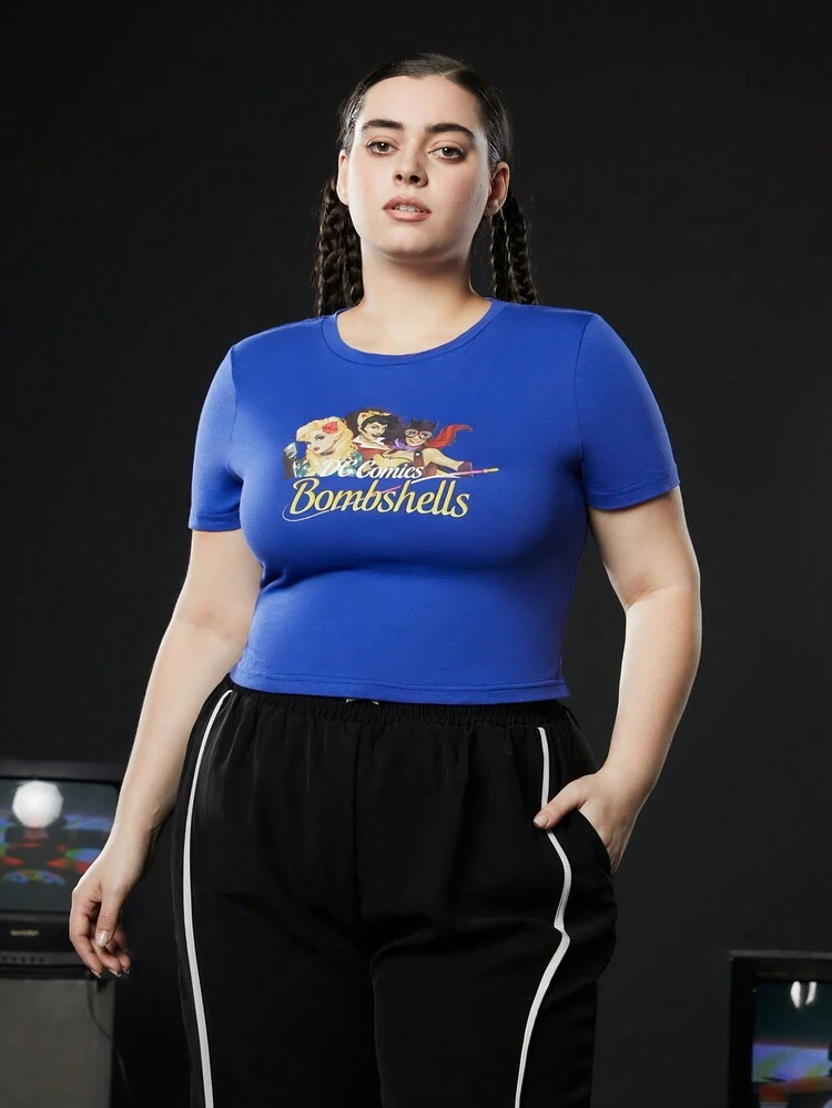 Plus Cartoon Figure And Letter Graphic Tee