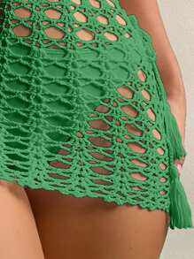 SHEIN Swim Sommer Strand Einfarbiger Cut Out gestrickter Fransen-Rock als Cover-Up