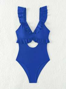 SHEIN Swim 夏季海滩纯色荷叶边镂空后背带扣连体泳衣 - 寶藍色 - 查看 4