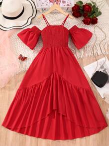Vestido De Ombro Caído Com Babado De Cintura Elástica Para Adolescentes