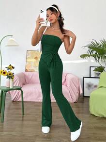 SHEIN Qutie Women's Solid Color Drawstring Asymmetrical Hem Bandeau Top And Bell Bottoms Two Pieces Set