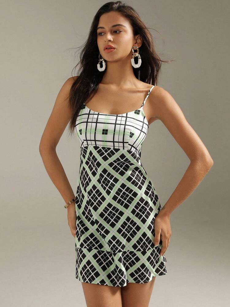 Geometric Print Spaghetti Strap Dress With Round Neckline And Ruffled Hemline
