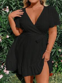 Sunnyshic Plus Size Deep V-Neck Flutter Sleeve Belted Dress Vacation Beach Outfits Women