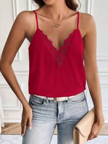 SHEIN Frenchy Camiseta De Tirantes Decorada Con Encaje Con Borde De Filo De Encaje Adornado Con Redes De Bordado