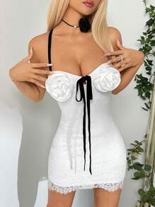 SHEIN ICON Elegant Black And White Slim-Fit 3d Flower Lace Backless Dress,Summer Jacquard Floral Graduation White Dress For Date, Style Music Festival Outfit - White - View 1